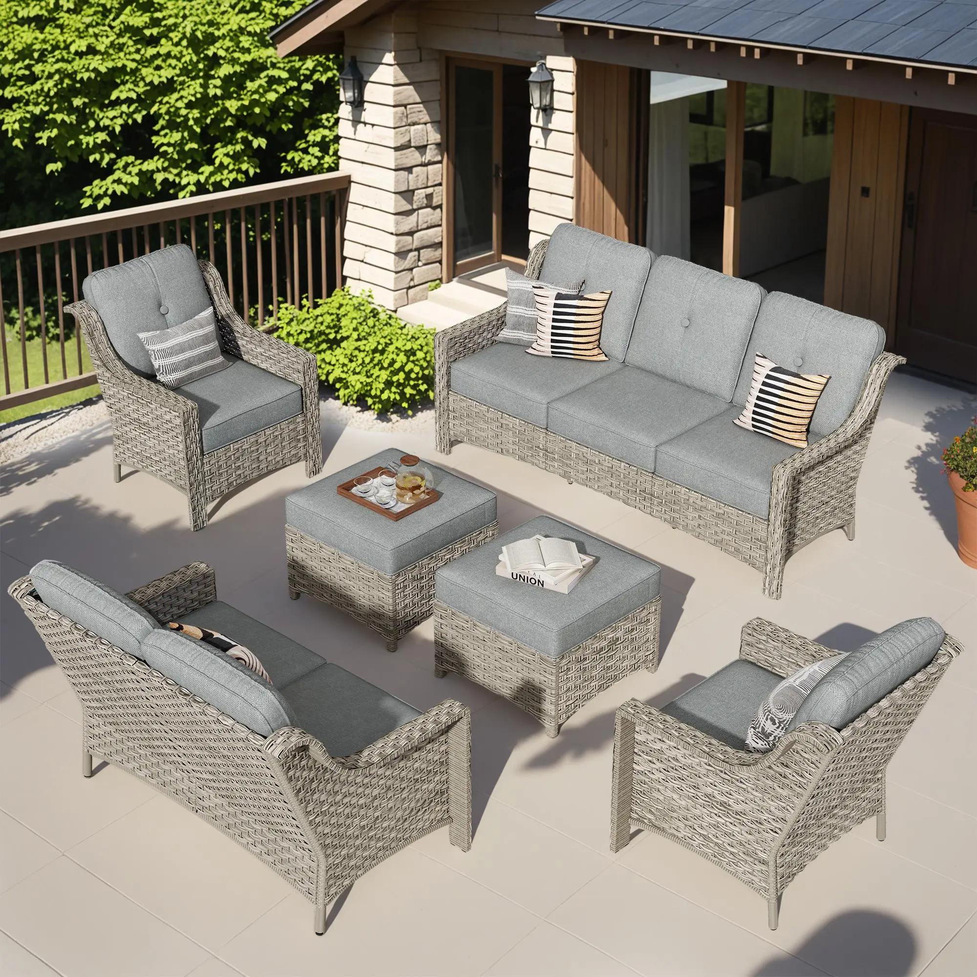 ALTRIGUS 6-Piece Patio Furniture Set Outdoor Wicker Conversation Sectional Sofa Couch with Ottomans for Garden Balcony Backyard Waterproof Design