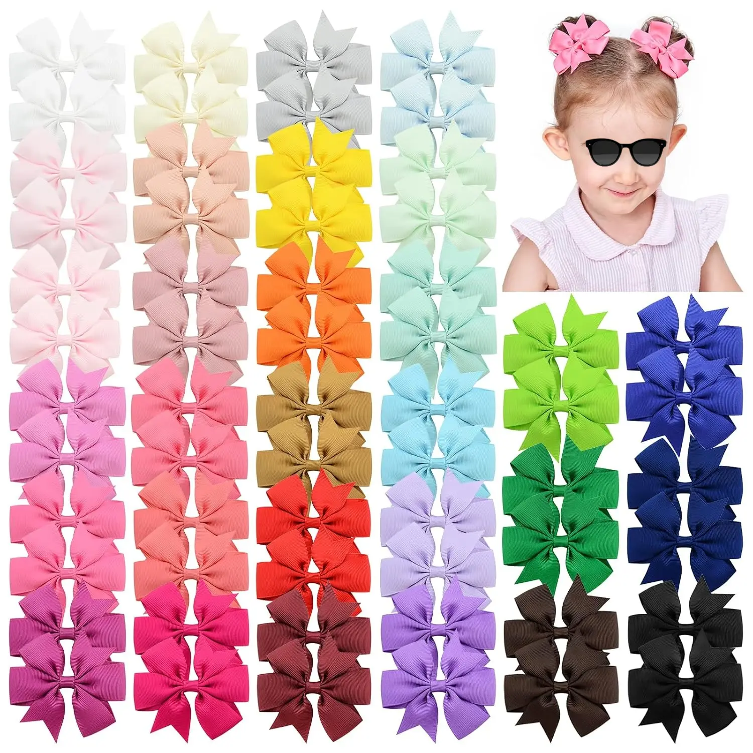 SQ-HDW112 60pcs 3 Inches Boutique Grosgrain Ribbon Pinwheel Hair Bows for Baby Girls, Toddler Bows Hair Clip Birthday Gifts In Pair