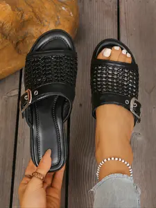 Summer Women's New Thick Sole Wedge Heel Elevator Shoes, Patchwork Knitted Mesh Half Slipper Sandals, Cool Hollow Out Slippers, Platform Buckle Slide