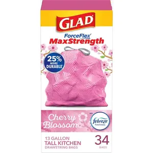 Glad 13 Gal. ForceFlex MaxStrength Tall Kitchen Drawstring Cherry Blossom with Febreze Pink Trash Bags (34-Count), Leak Proof Kitchen Bags, Cherry Blossom Scent, Reinforced Bottom Trash Bags, Grips The Can Drawstring, 13 Gallon Tall Kitchen Bags