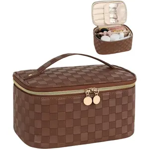 Makeup Bag Portable  Organizer with Brush Holder  Travel Toiletry Bag for Women with Handle and Divider (Checkered Brown)