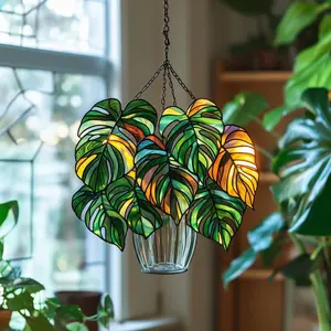 Monstera Leaf Acrylic Hanging, Faux Stained Acrylic Hanging Plant Cover, Tropical Jungle Window Decor, Home Decor