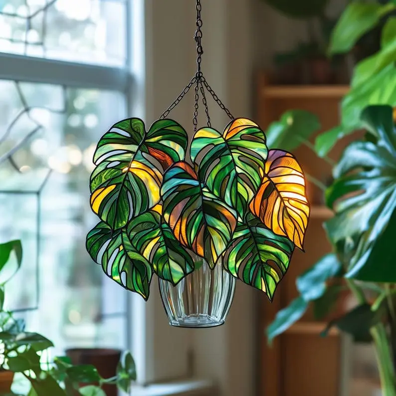 Monstera Leaf Acrylic Hanging, Faux Stained Acrylic Hanging Plant Cover, Tropical Jungle Window Decor, Home Decor