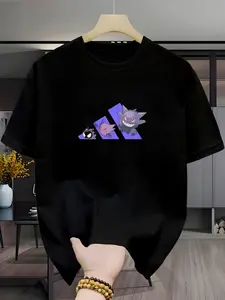 Pokémon Ghosston Ghost Three Stripe Print Short Sleeve T-Shirt, Casual Loose Fit Half Sleeve Top, Unisex Anime Trendy Clothing