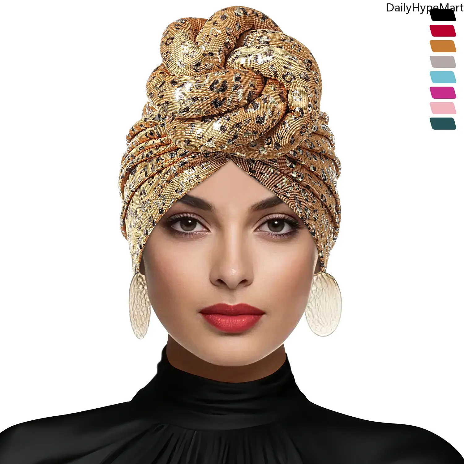 Women's Stretch Leopard Print Indian Style Turban Head Cap, Scarf Head Wrap for Yoga Streetwear, Head Scarf