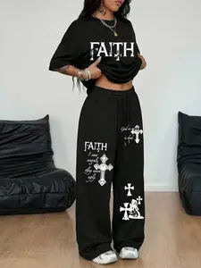 Y2K Street Style Faith Print Round Neck Top and Long Pants Set, Unisex Casual, Perfect for Spring & Fall, Ideal Gift for Women, Streetwear