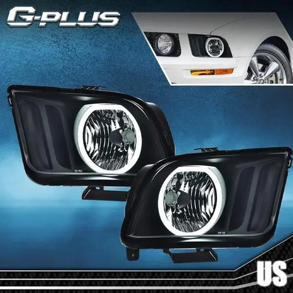 G-PLUS LED Car Headlights Assembly, Smoke/Black LED DRL Halo Headlights for 2005-2009 Ford Mustang (New)