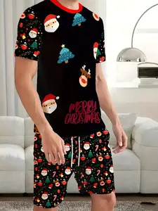 Men's Christmas Santa Claus & Tree Deer 3D Print Set, Loose Round Neck T-Shirt & Matching Shorts, Casual Holiday Wear