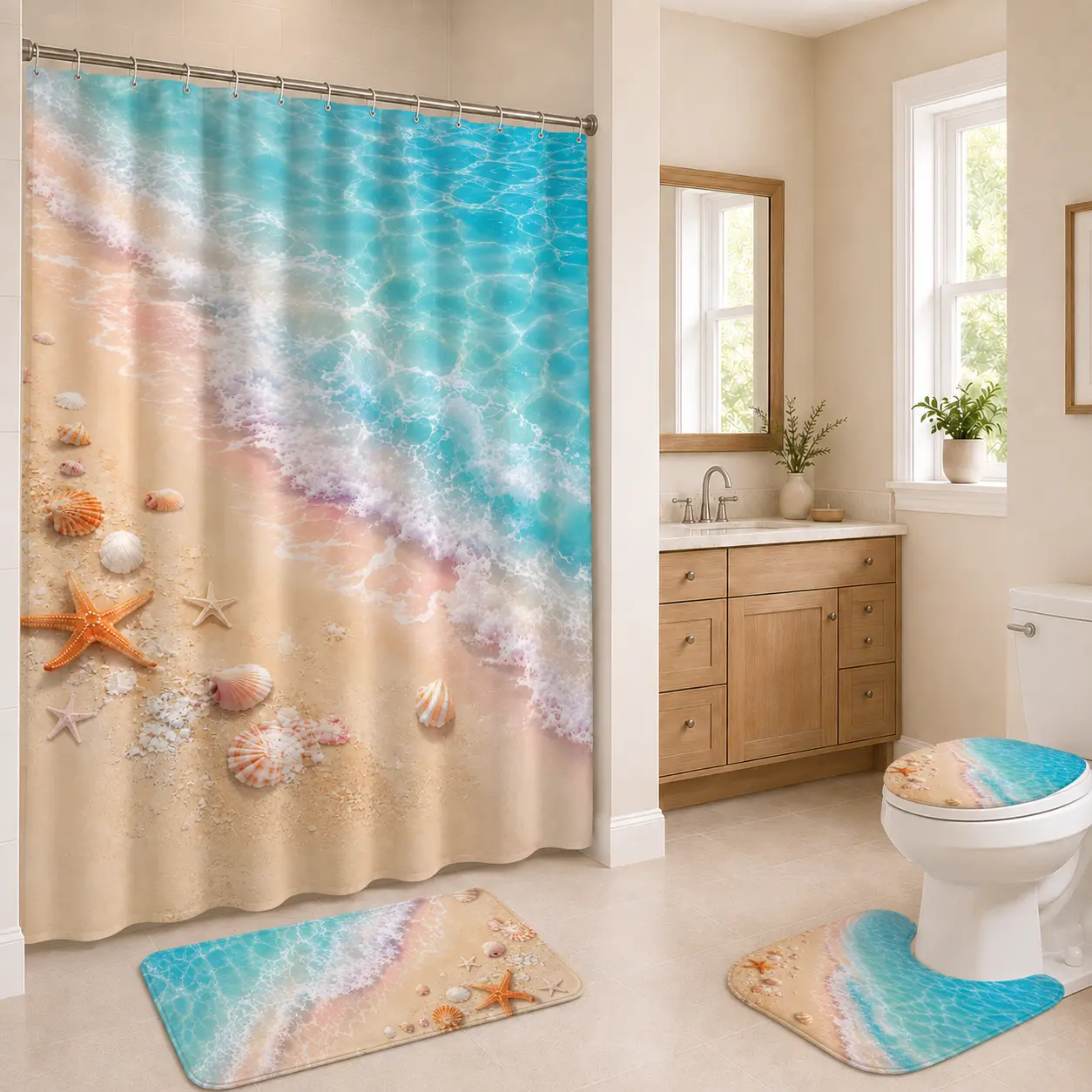 Beach Polyester 4-Piece Bathroom Set Package - Coastal Seashell Starfish Print Waterproof Shower Curtain, Non-Slip Absorbent Bath Mat, U-Shaped Toilet Rug, Lid Cover, 12 Hooks, Customizable Apartments Decor, U-Shaped Rug