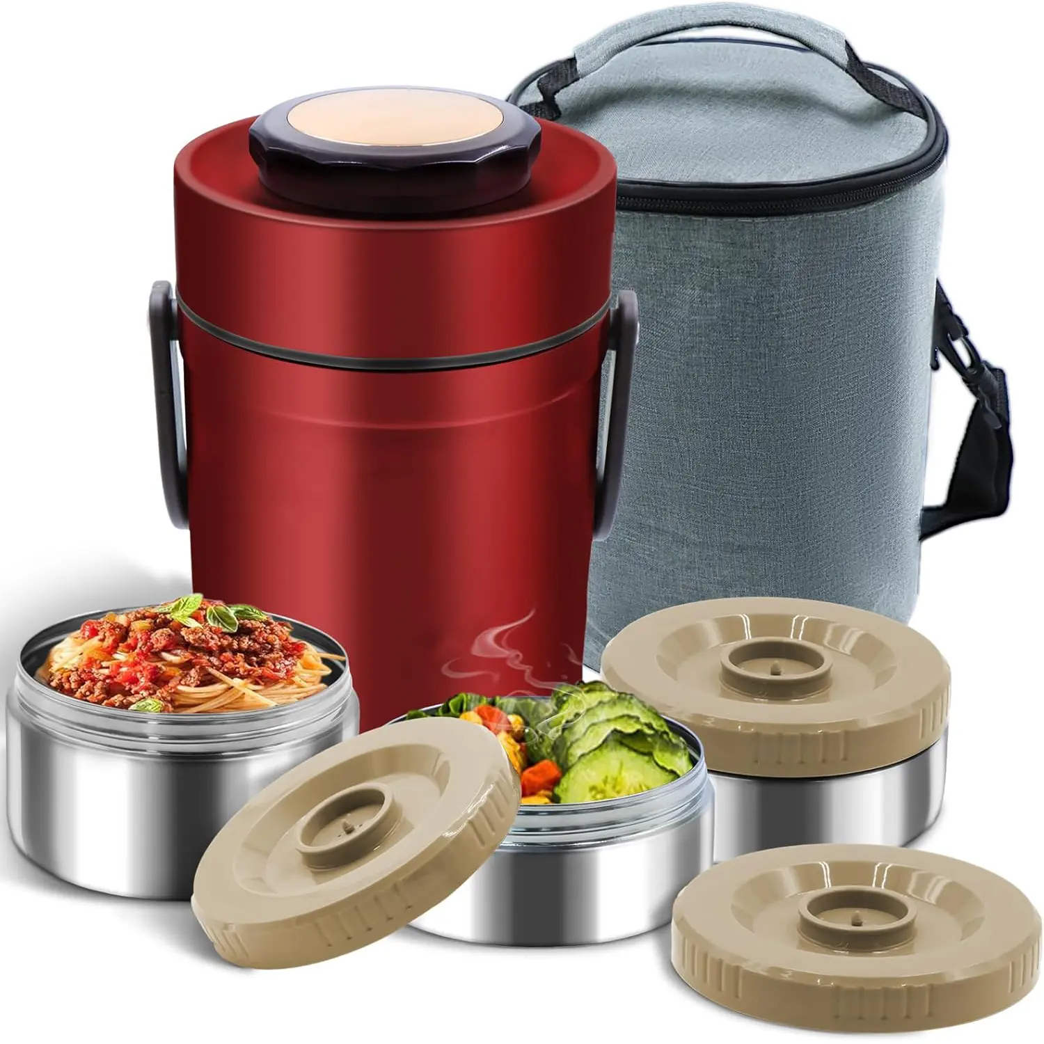 Multi-Layer Insulated Thermal Lunch Box - 67 Oz 3-Layer Sealed Stackable Red Tableware with Carry Bag, Stack Saves Space, for Office Meals, Outdoor Dining (Hot Food & Soup, Stainless Steel Cookware Compatible)