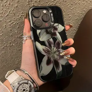 Dark Lily Pattern Suitable for TPU Case for iPhone 16 PRO MAX, iPhone 15/14 PLUS/13 Pro/12/11/X/XR/XS Max Durable Anti-Fall Colorful Silvery Protective Cover with High Aesthetics
