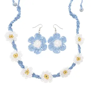 Blue and white daisy earring and choker crochet set