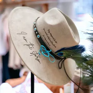 Western Boho Vegan Suede Rancher Hat – “You Are the Storm” Burned Quote Hat | Adjustable Cowgirl Hat with Turquoise Band