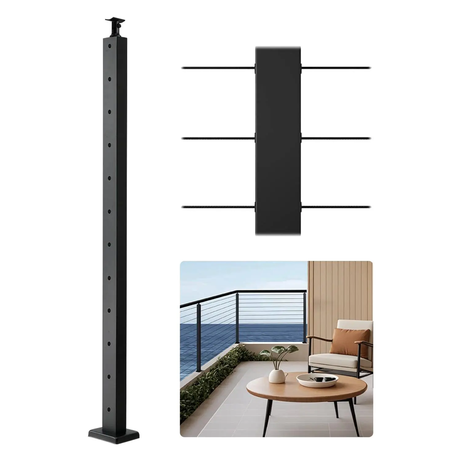 【DealsForYouDays】VEVOR Black Stainless Steel Cable Railing Post (1-Pack) - 42x1x2 In Pre-Drilled Holes Pickets, Mount Bracket Kit for Level Decks & Deck Stair Rail, 1JZLGZXHS1063GGTD001V0, 0.06"/1.5 Mm, 106.7X2.5x5 Cm, Deck Railing, Building Code-Complian