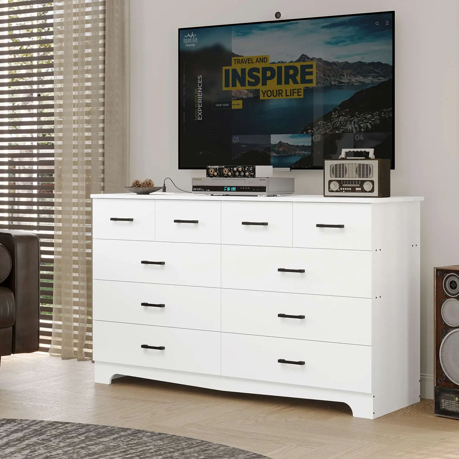 SIKAIC Modern 10-Drawer Wooden Drawers Dresser - 55.1 in Wide Large Capacity White Storage Cabinet, Bedroom Chest for Clothing & Home Organization