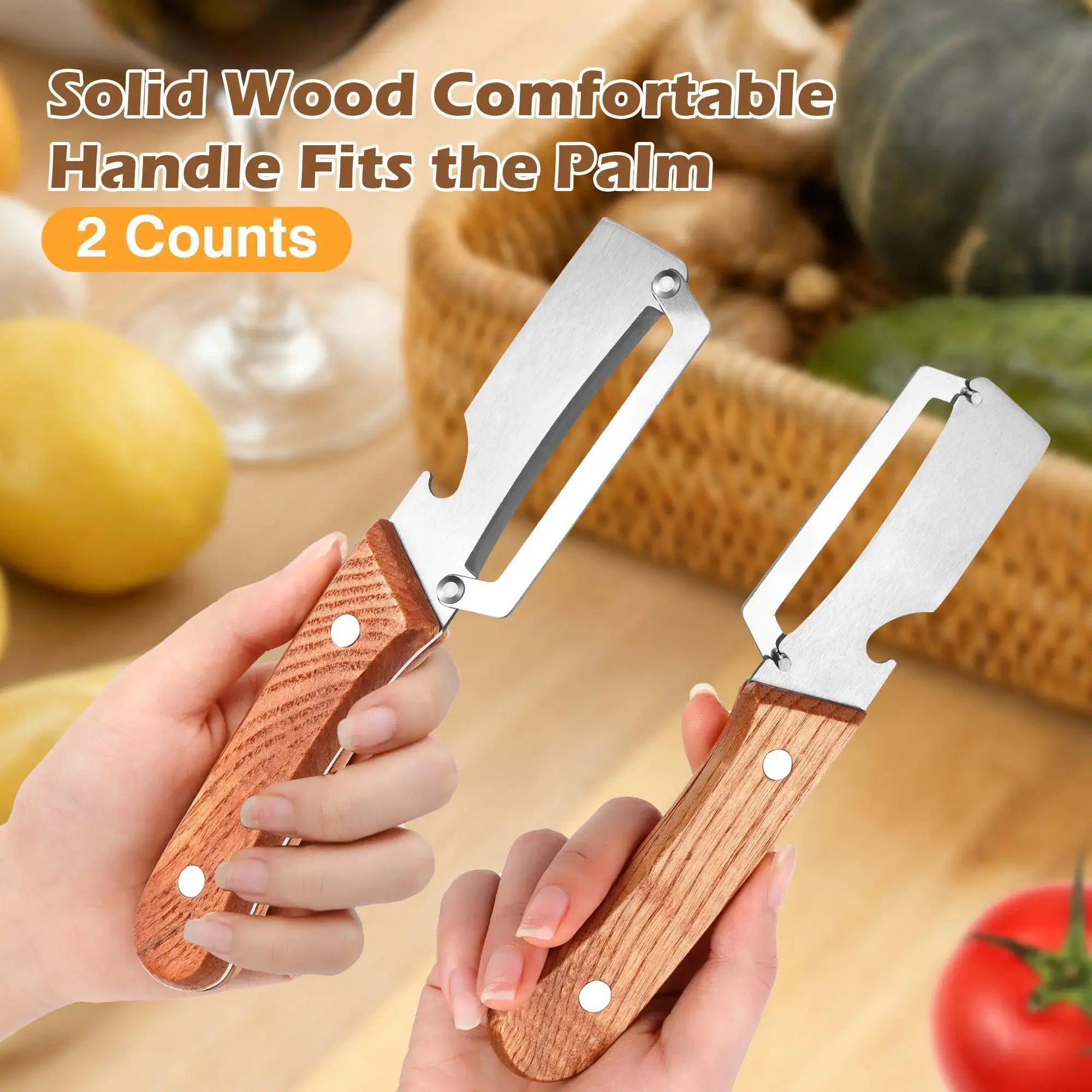 2-in-1 Vegetable & Fruit Peeler with Stainless Steel Blade and Bottle Opener, Wooden Handle Kitchen Tool for Potatoes, Apples, Zucchini, Papaya & Pumpkin