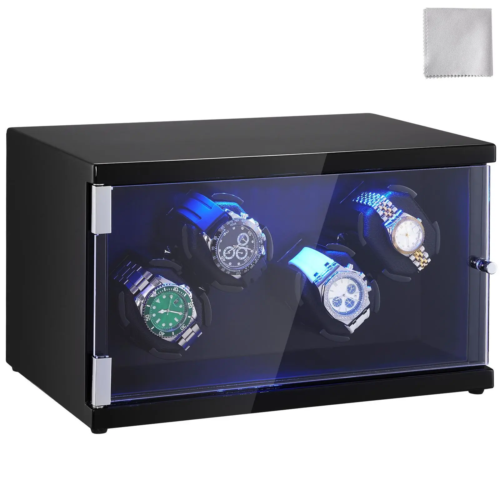 【SummerFinds】VEVOR Watch Winder,  , Watch Winder for 4 Men's and Women's Automatic Watches, with 2 Super Quiet Japanese Mabuchi Motors, Blue LED Light and Adapter, High-Density Board Shell and Black PU