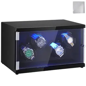 【DealsForYouDays】VEVOR Watch Winder,  , Watch Winder for 4 Men's and Women's Automatic Watches, with 2 Super Quiet Japanese Mabuchi Motors, Blue LED Light and Adapter, High-Density Board Shell and Black PU