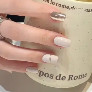 Wearable nail high-end champagne Nude and Gold Metallic Design short handmade detachable nail patch [short T], Set of 24 Removable