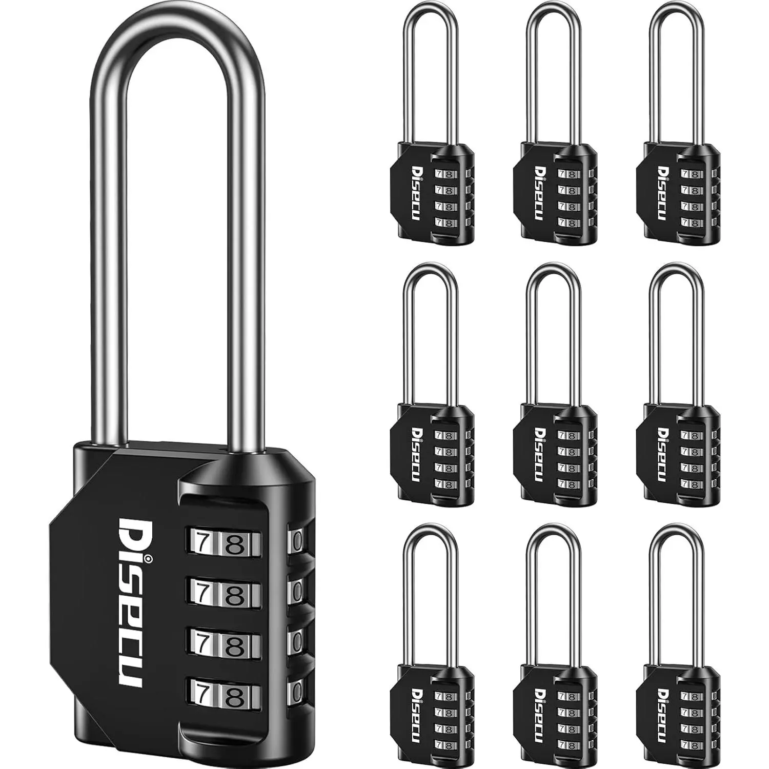 10-Pack Black Plated Steel Long Shackle 4-Digit Dial Combination Padlocks, 2.6-in Set-Your-Own Code Waterproof Outdoor Locks for School Locker, Gym Security, Easy-to-Use Storage Unit Locks