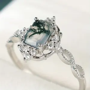 Royal Court Square Moss Agate Ring!S925 Sterling Silver Elegant Engagement Jewelry for Her
