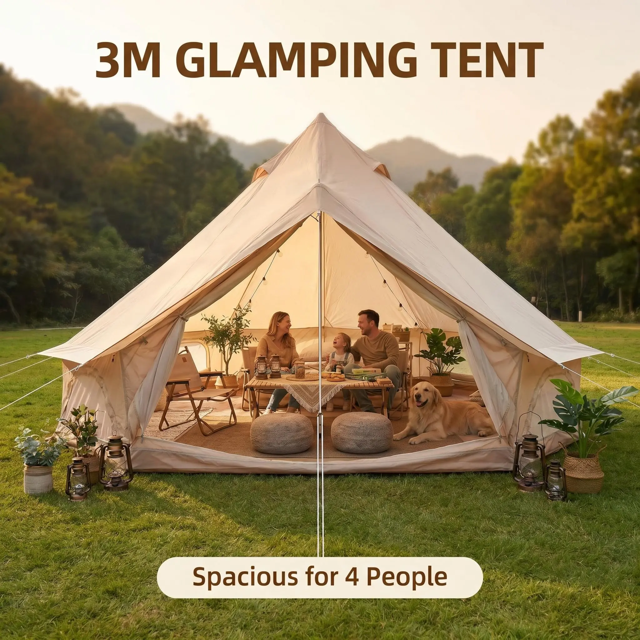 3m Large Bell Camping Tent - 4-Person Stand-Up Space, Full Kit Included, No Tools Needed