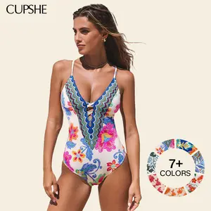 CUPSHE Boho Floral One-Piece Swimwear | Sculpting Tummy Control Swimsuit, Plunging V-Neck & Adjustable Straps Summer Beach Holiday Bathing suit #tiktokshopmemorialday