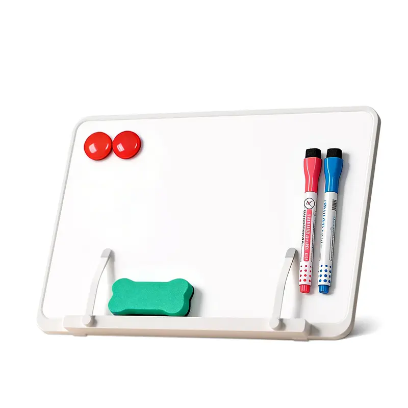 MING XIAO Adjustable Desktop Book Stand with Built-in Magnetic Whiteboard - Foldable Home Organizer Storage Rack, Hands-Free Reading Tool for Book Enthusiasts, Suitable for Studying & Cooking, Includes 1 Eraser, 2 Markers, 2 Magnets, Elastic Page Clips