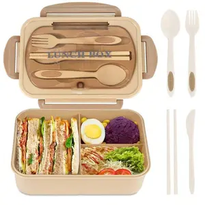 Lunch Box with Cutlery, 1 Set 1200ml 3-grid Lunch Container with Chopsticks, Cutter, Fork & Spoon, Bento Box for Picnic Camping Home Office School