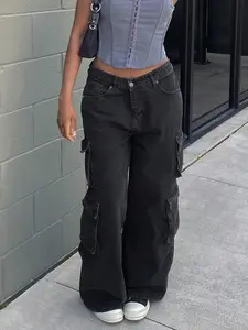 Women High Waisted Cargo Jean for Women with 8 Pockets Straight Wide Leg Jean Casual Baggy Pants