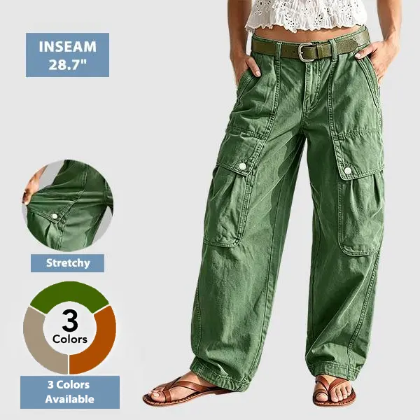 Flamingals Solid Flap Pocket Mid Rise Wide Leg Cargo Pants Without Belt Womenswear Stretchy 28.7" Inseam