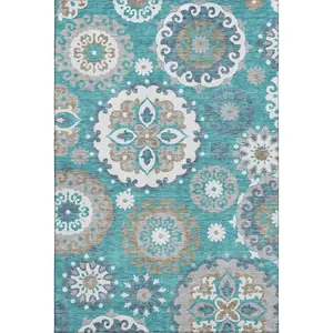 HomeRoots 664079 9 x 12 ft. Teal Ivory & Gray Medallion Transitional Washable Machine Made Rectangle Area Rug with UV Protection