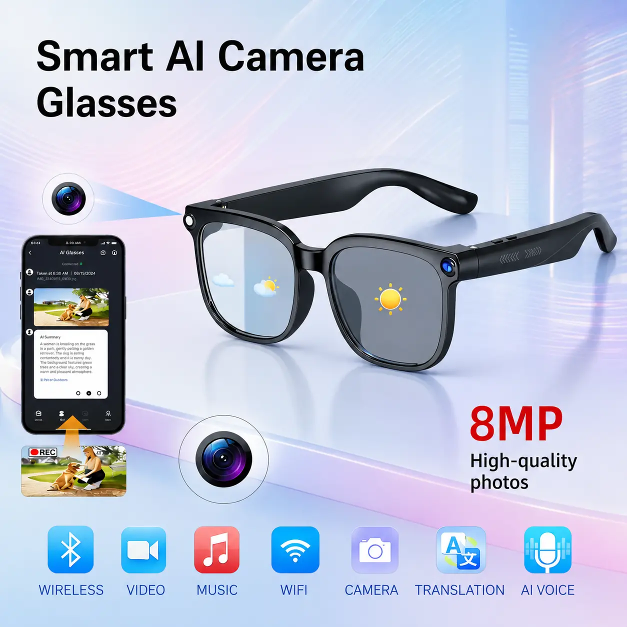 AI Smart Camera Glasses with 8MP 1080P Video Recording, Photochromic Lenses, Touch Control, 160+ Languages Translation, Bluetooth Audio, UV Protection for Travel, Outdoor Sports & Hands-Free Capture, Father's Day Gift, Button, Usb, Memory