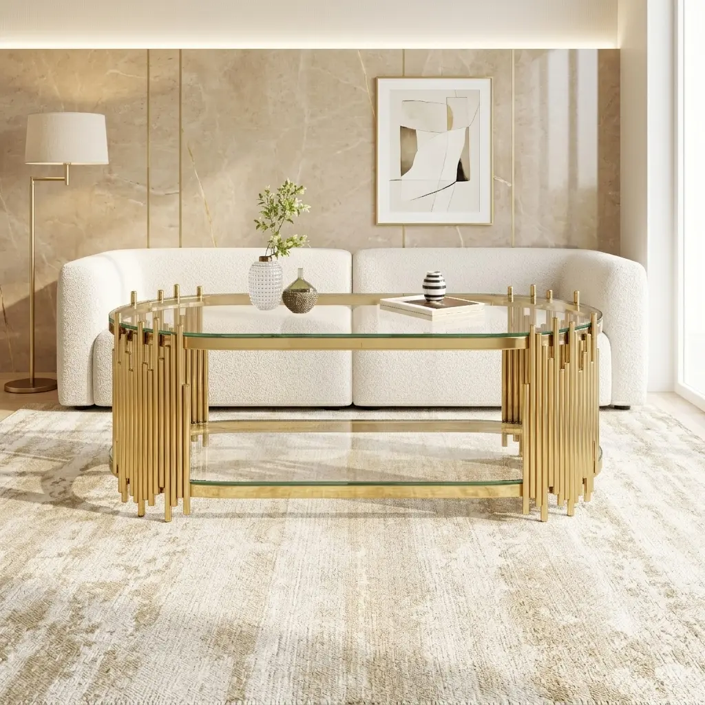 Luxury Gold Oval Coffee Table, 2-Tier Tempered Glass Cocktail Table with Polished Stainless Steel Frame, Artistic Organ Pipe Design Modern Center Table Storage Tea Table for Living Room Apartment Hotel, 47" x 23.6" x 17.7"