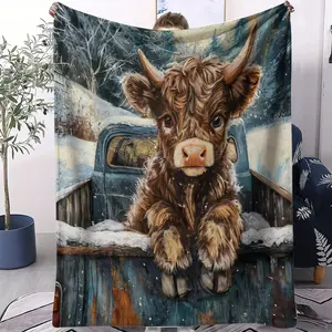 Highland Cow Couple Print Fleece Throw Blanket - Super Soft Warm Cooling Blanket, Cartoon Candy Cane Christmas Pink Satin Ruffle Bedding Accessory for Bedroom, Cooling Blankets