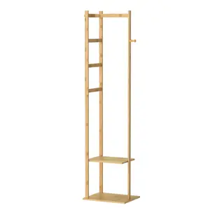 Freestanding Bamboo Coat Rack - Corner Design with Hooks and Storage Shelves for Organized Entryway Eco-Friendly Space-Saving Solution