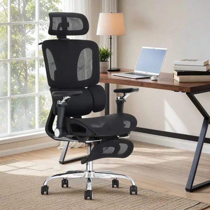 EROmmy Big and Tall Sturdy Ergonomic Mesh Office Chair with 6D Adjustables, Self-Adjusting Feature, 360-Degree Swivel, 4D Headrest, 3-Zone Dynamic Lumbar Support, Adjustable Seat Depth, Swivel Footrest, PU Leather Accents, Supportive Sitting for WFH Setup