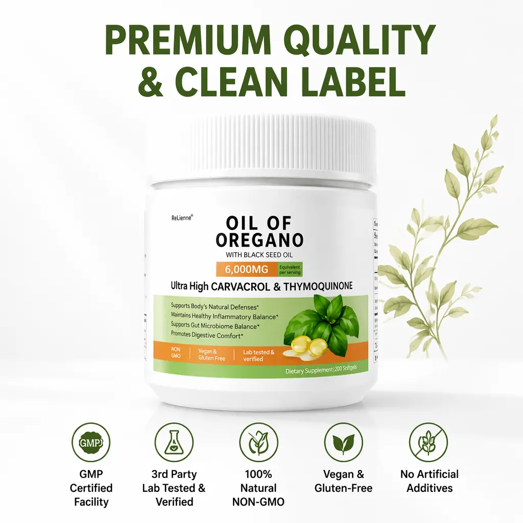 ReLierre Oil of Oregano with Black Seed Oil, 300 Softgels, High Potency Carvacrol & Thymoquinone, Immune & Gut Digestive Support