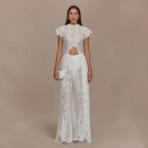 LikeMyChoice 2-Piece Boho Lace Set Sexy Halter Crop Top with Bell Sleeves & High-Waisted Wide-Leg Pants Trendy Eyelash Lace Outfit for Summer Festival & Beach Vacation