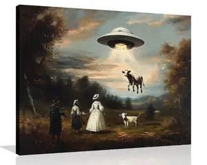 Retro UFO Canvas Wall Art Victorian Landscape Picture Vintage Farm Poster Retro Spaceship Wall Art Cow UFO Painting Whimsical Alien Abduction Poster for Living Room Bedroom Framed