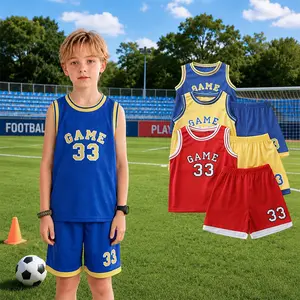 6-piece #SummerVibes children's basketball suit, boys' and girls' jerseys, ball pants suit, digital letter printed summer lightweight basketball vest and shorts.