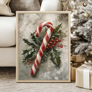 1pc, Canvas Hanging Picture, Framed Wall Art, Christmas Decoration, Holly Berry Candy Cane Canvas Painting, Framed Christmas Decoration, Holiday Wall Decoration, Winter Decoration, Perfect Gift For Home, Preppy Style Christmas Decoration