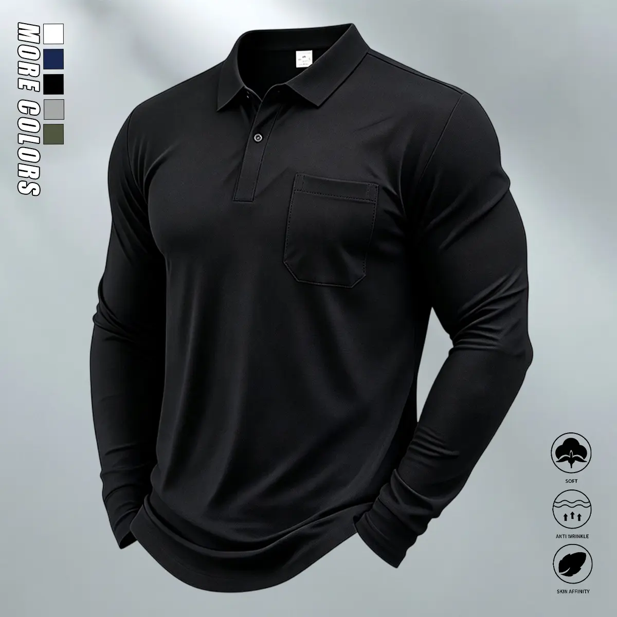 Men’s Long-Sleeve Polo Tops - High-Quality Polyester Fabric, Soft Skin-Friendly Feel, Chest Pocket, Classic Turn-Down Collar, Wrinkle-Resistant for Neat Appearance, Ideal for Business