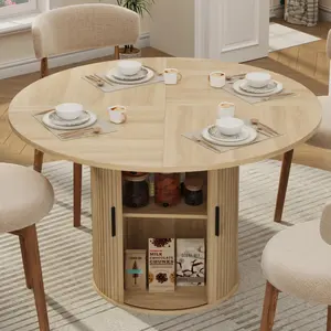 47'' Round Dining Table with Hidden Storage for 4, Kitchen Dining Room Circle Dinner Pedestal Table with Slide Door Shelf, Space Saving Wood Furniture for Small Spaces, Dining Room, Natural