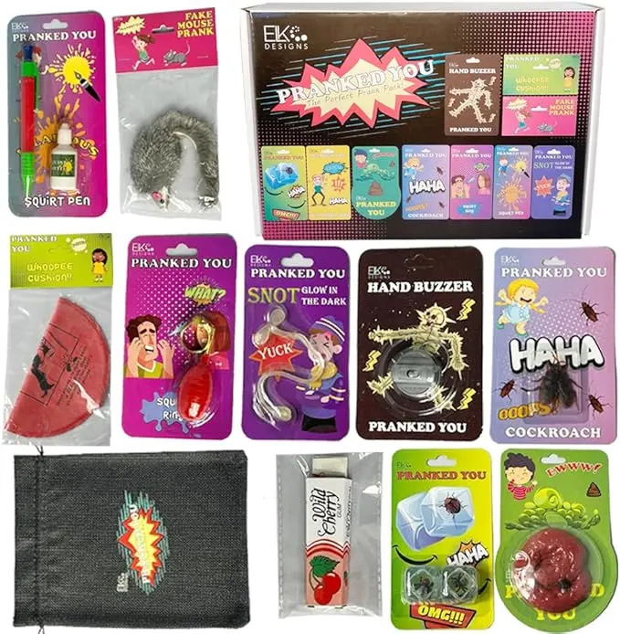 ELK DESIGNS Prank Kit - Funny Prank Toys - Kids Prank Gadgets - April Fools Prank Kit - Gags & Practical Joke Toys - Pranks for Kids - Gag Box - Hand Buzzer - Fake Cockroach & More
