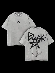 Vintage Washed Light Grey Double Sided Black Pentagram Anchor Chain Graphic T Shirt, NYLIMITED Devil Face Gothic Oversized Tee, Dark Y2K Grunge Streetwear Short Sleeve Unisex Relaxed Fit Stylish Menswear