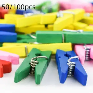 50/100 Mini Wall Clips, 2.5cm Multi-Functional Clip, Photo Holder, Office Home Use, Strong Spring, Natural Wood, Paper Flag Hanger