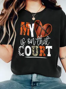 Basketball Mom Print Fitted T-Shirt, Perfect for Game Day, Home Relaxation, Sports Mom Gift, Leopard Spot, Fun Basketball Lover Top, Tiktok Trendy Casual Style