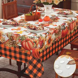 Larponder Fall Tablecloth 52x70 Inch Rectangle, Plaid Pumpkin Print Waterproof Wrinkle-Resistant Table Cloth for Autumn Thanksgiving Harvest Dining Kitchen Decor