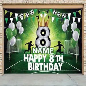 Custom Name 2D Flat Soccer Theme 8th Birthday Backdrop Banners - 1PC Reusable Polyester Kids' Party Decoration, Photo Booth Background, Sports Field Prop